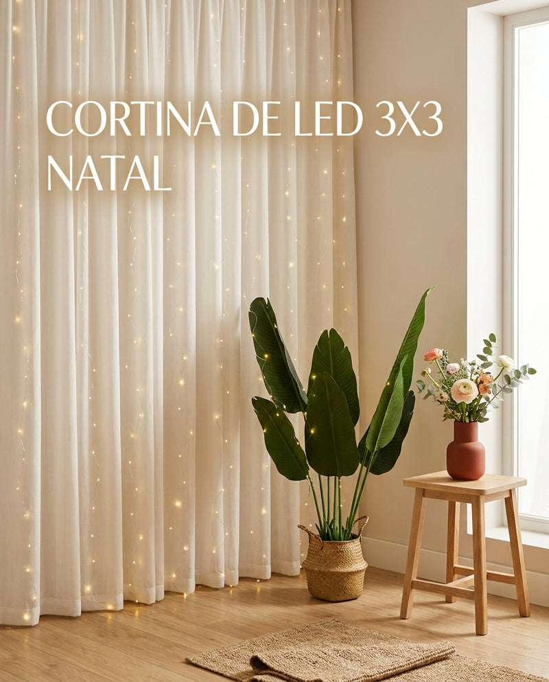 Cortina De LED 3x3M 300 LEDs Com Controle Remoto USB 8 Funções Natal
