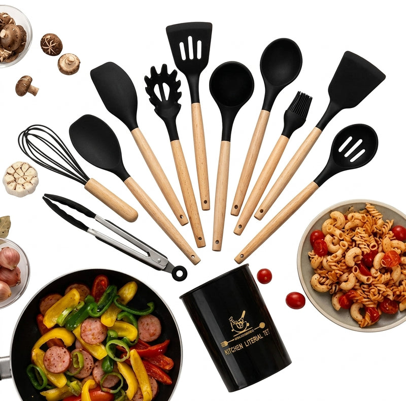 Kit 12 Utensílios De Silicone Cozinha Com Copo Suporte Não Risca Panela