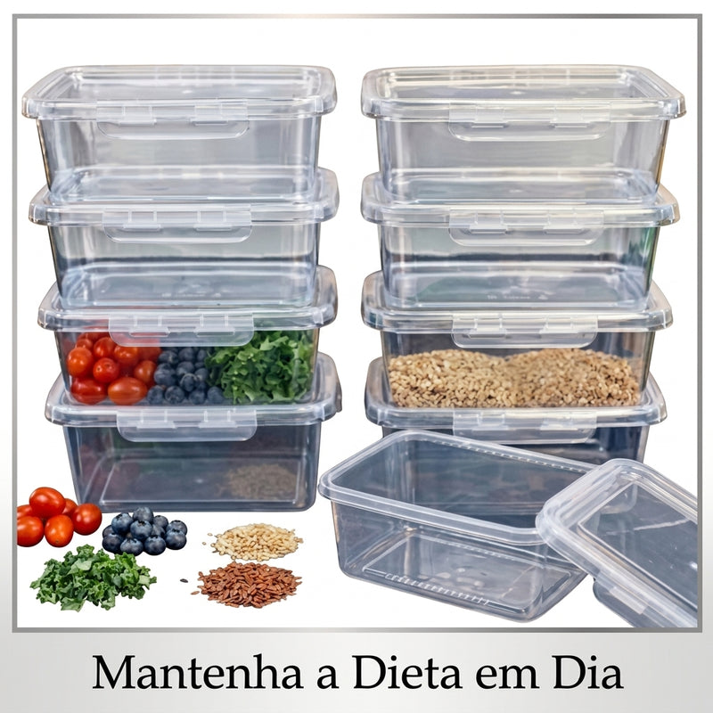 Kit Potes Marmita Fitness Com Trava Antivazamento Para Freezer E Micro-ondas