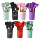 Kit 12 Utensílios De Silicone Cozinha Com Copo Suporte Não Risca Panela